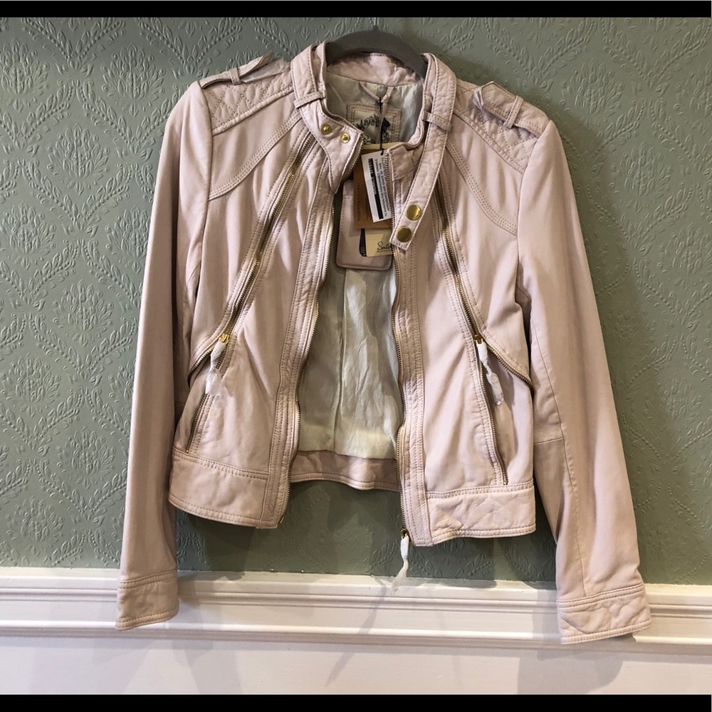 NWT beige lambskin motorcycle leather jacket XS